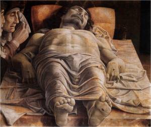 MANTEGNA, Andrea (1431, Isola di Cartura, 1506, Mantova) Lamentação sobre o Cristo morto. 1490 Têmpera, 68 x 81 cm Pinacoteca di Brera, Milão 
