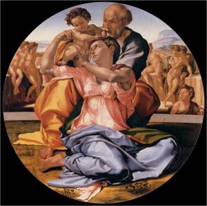 MICHELANGELO Buonarroti (1475, Caprese, 1564, Roma) Tondo Doni c. 1506 Têmpera sobre painel, diametro 120 cm Galleria degli Uffizi, Florença 