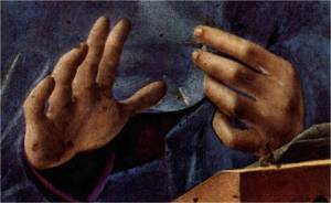 ANTONELLO da Messina ( ca. 1430, Messina, 1479, Messina) A Virgem da Anunciação (detalhe), 1475. Óleo sobre madeira, 45 × 34,5 cm Galleria Regionale della Sicilia, Palermo 
