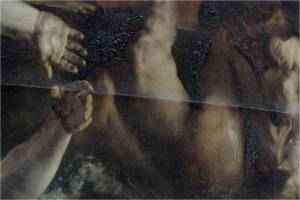 Eugène Delacroix – (1798 – 1763)  A barca de Dante ou Dante e Virgílio nos infernos (detalhe mostrando bolhas de betume corroendo outros pigmentos), 1822. 189 cm × 241 cm Louvre.