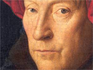 Jan van Eyck. O homem com o turbante vermelho (detalhe com craquelamento) – 1433 Óleo sobre carvalho 26 × 19 cm Londres National Gallery 